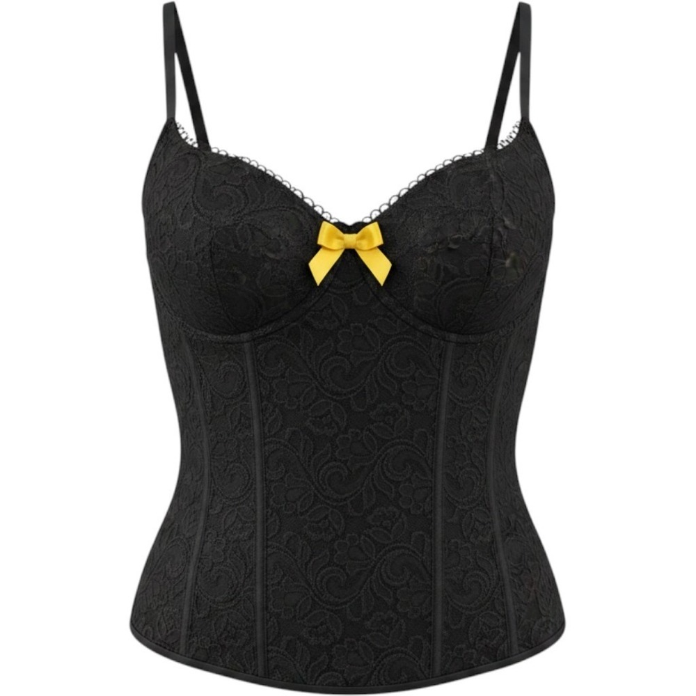 Smart & Sexy Lace Underwire Bustier Corset 34B Black Yellow Bow Coquette Goth